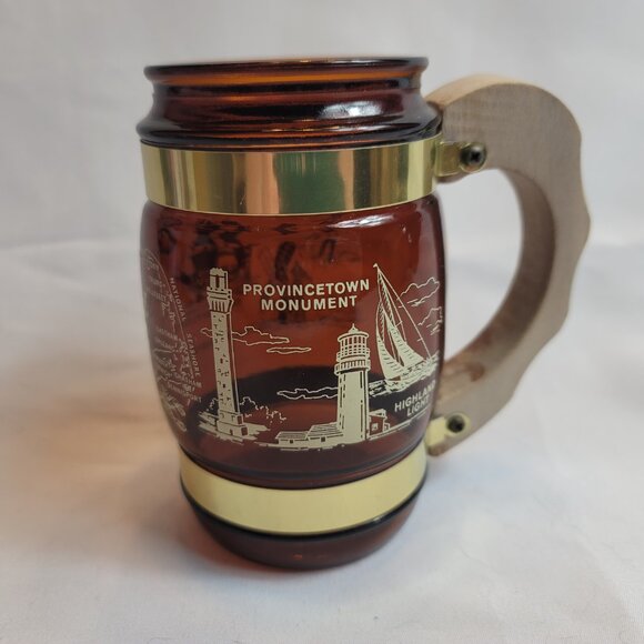 Siesta Ware Amber Brown Glass Barrel Mug Wood Handle Cape Cod - Picture 2 of 13
